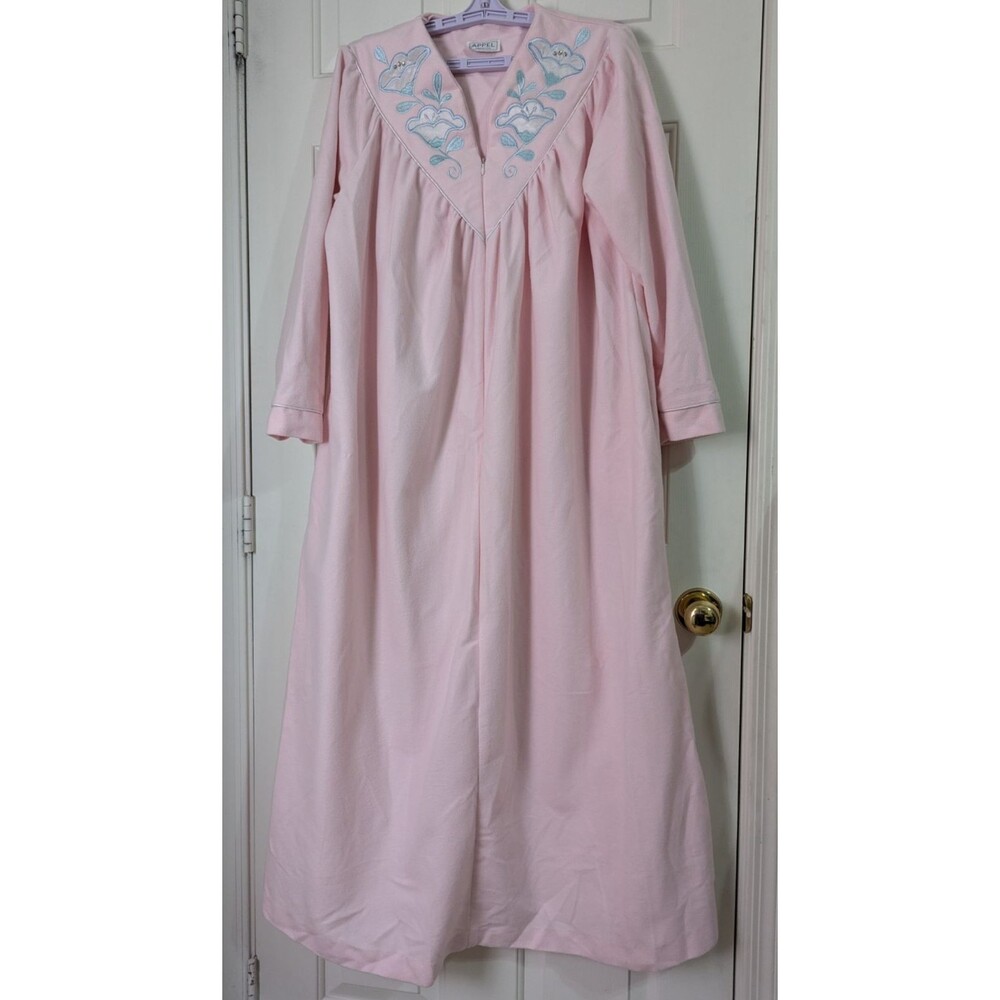 VTG Appel Velour Robe Gown Womens Large Pink Embroidered Zip Grannycore Coquette